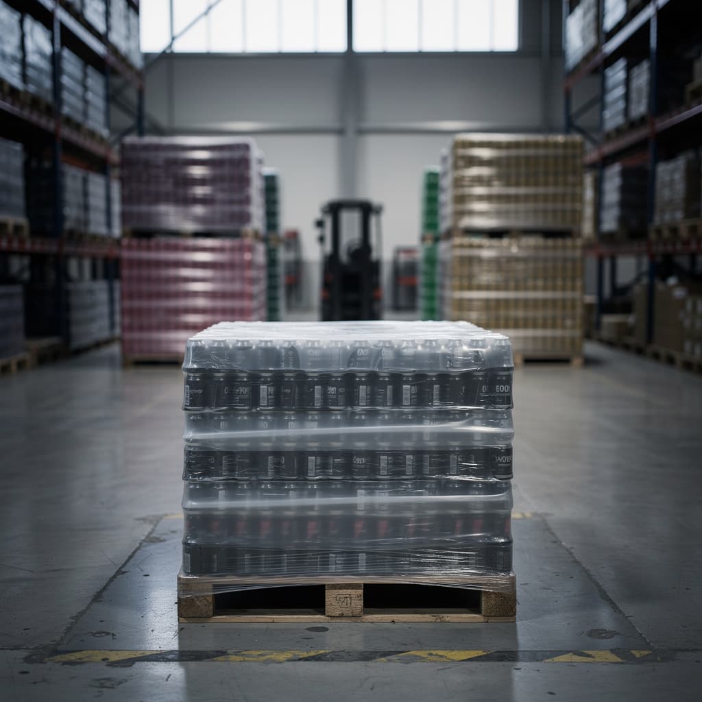 Pallet de latas slim de bebidas energéticas envueltas en film en un pasillo de almacén bajo iluminación cenital.
