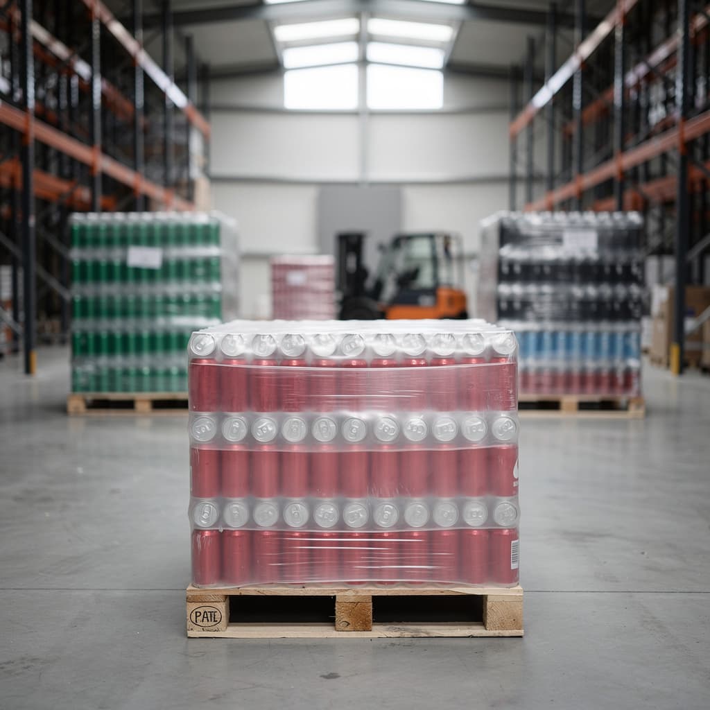 Pallets de latas envueltas en film transparente en el pasillo de un almacén logístico multi-marca.